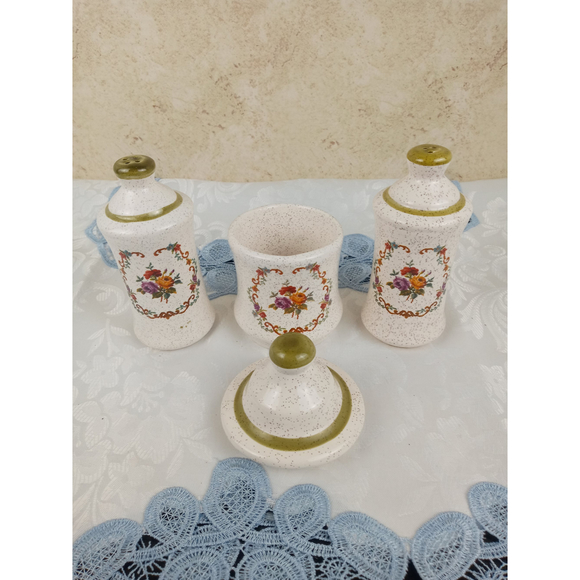 Vintage Handmade Ceramic Salt Pepper & Sugar Dish Cross-stitch Floral Design - Picture 2 of 6